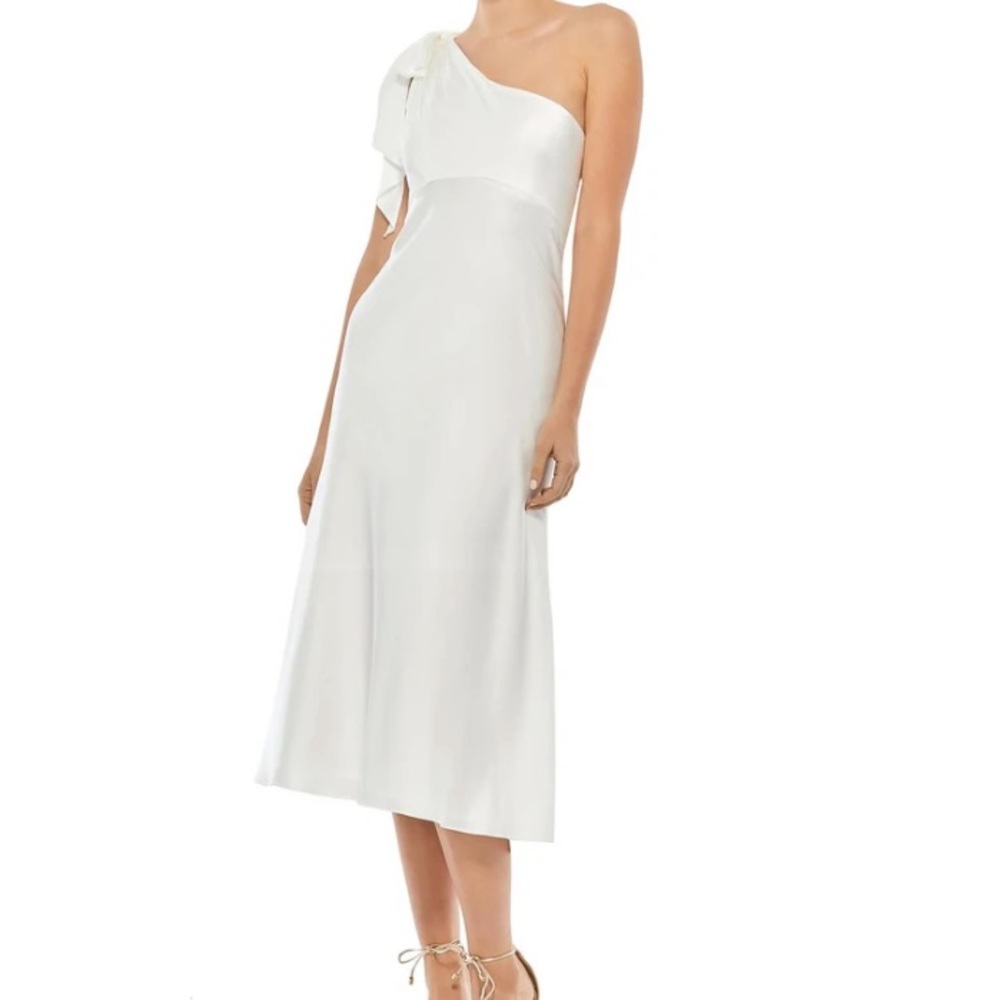 White one shoulder satin midi dress